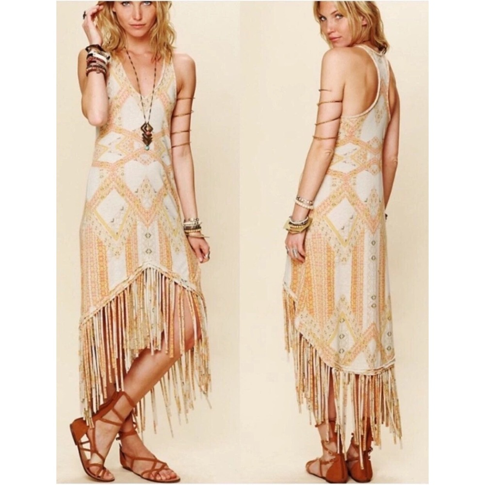 We The Free Dress Medium Bohemian Fringe Sleeveless Tank Maxi‎ Printed Beige